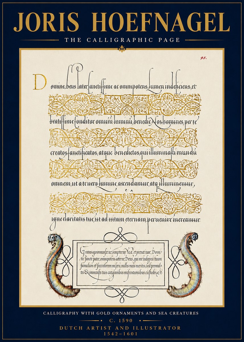 Joris Hoefnagel Calligraphic Page with Gold Ornaments and Sea Creatures No4 - Affiche
