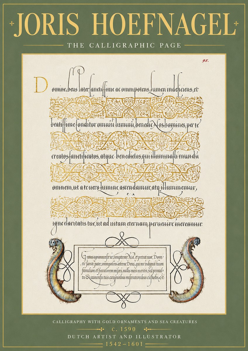 Joris Hoefnagel Calligraphic Page with Gold Ornaments and Sea Creatures No5 - Affiche