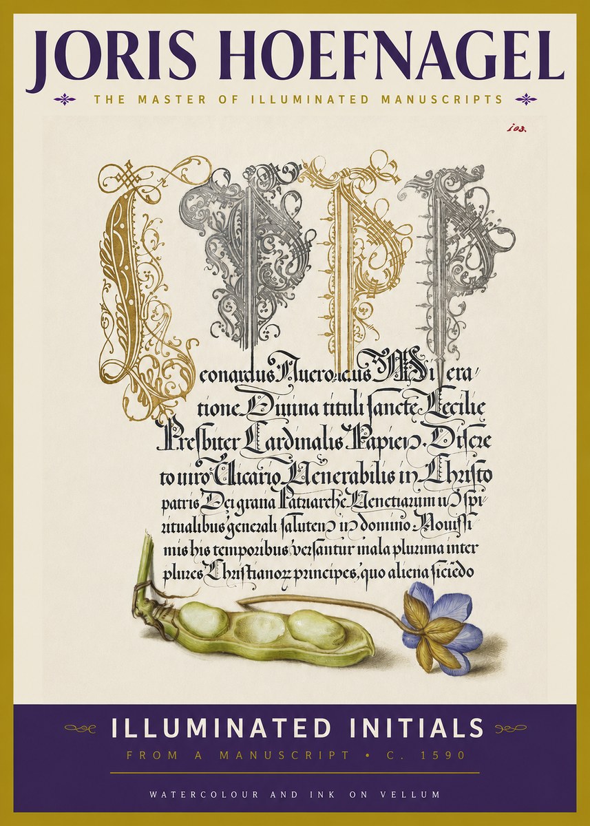Joris Hoefnagel Illuminated Initials with Peapod and Flower No3 - Affiche