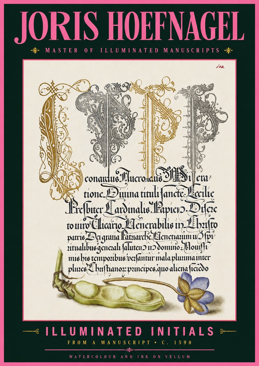 Joris Hoefnagel Illuminated Initials with Peapod and Flower No6 - Affiche