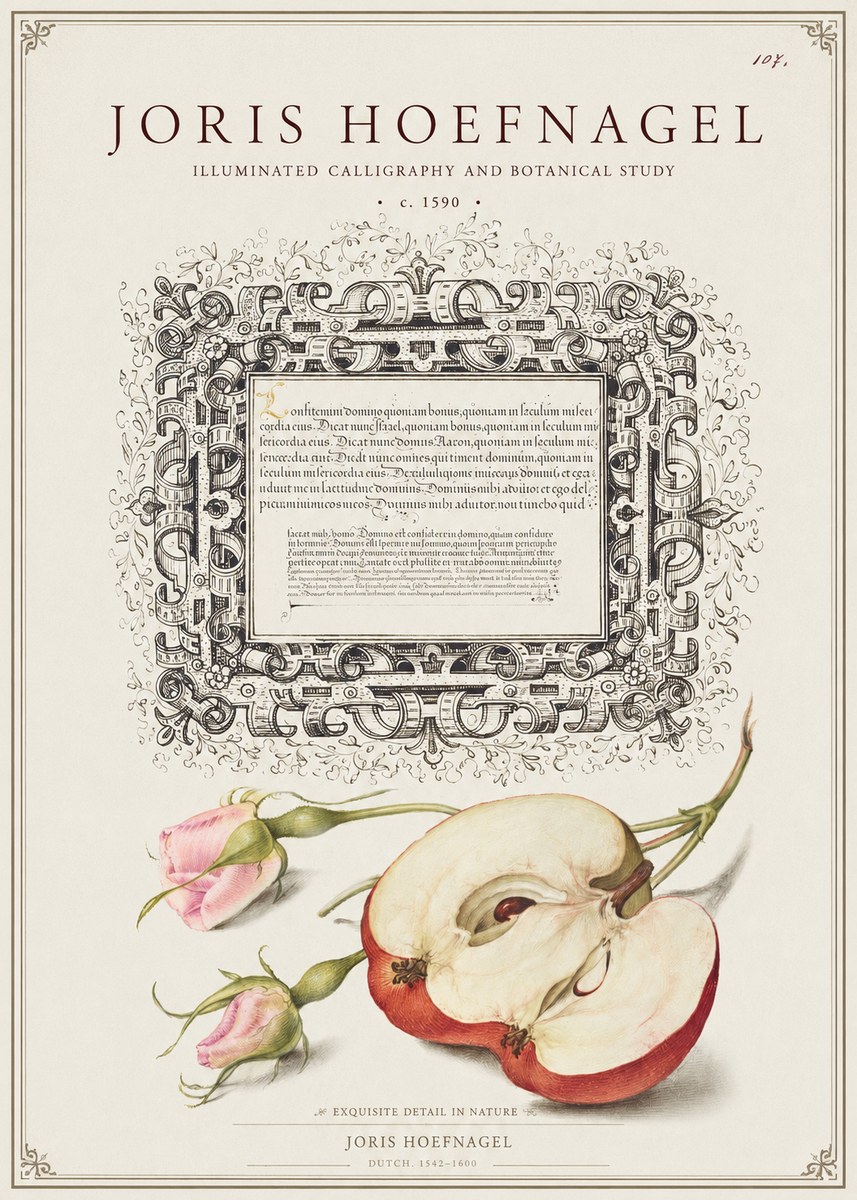 Joris Hoefnagel Illuminated Calligraphy and Botanical Study No1 - Affiche