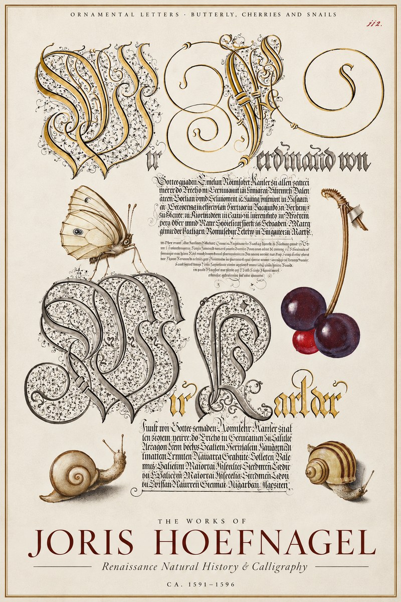 Joris Hoefnagel Ornamental Letters with Butterfly, Cherries and Snails No4 - Affiche