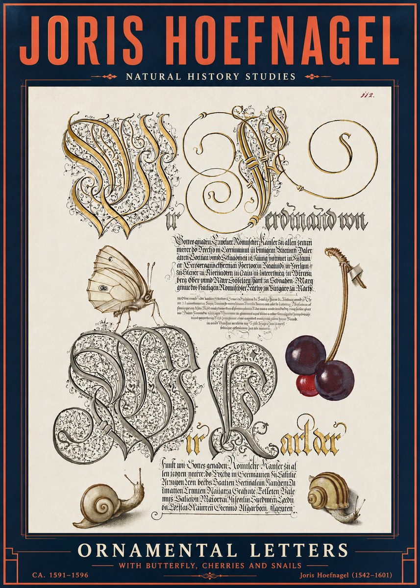 Joris Hoefnagel Ornamental Letters with Butterfly, Cherries and Snails No6 - Affiche