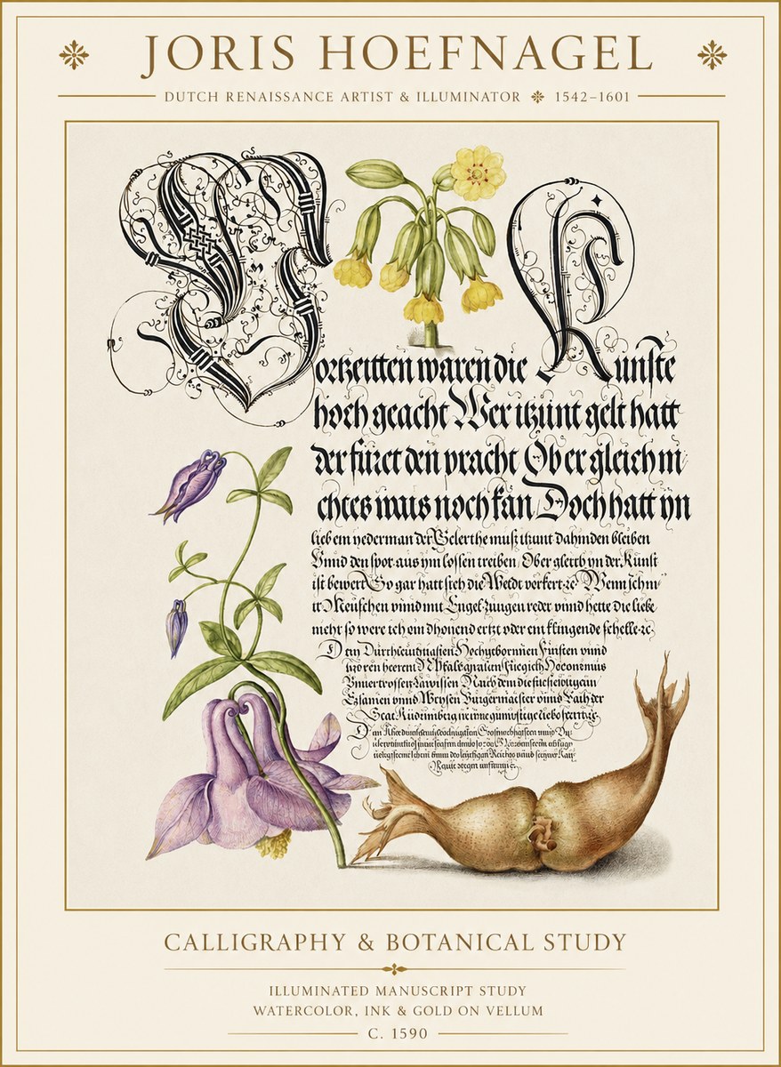 Joris Hoefnagel Calligraphy & Botanical Study No1 - Affiche
