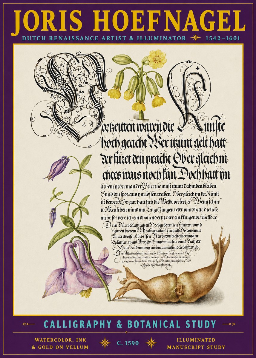 Joris Hoefnagel Calligraphy & Botanical Study No3 - Affiche
