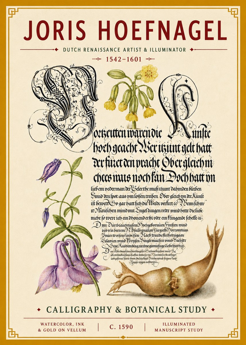 Joris Hoefnagel Calligraphy & Botanical Study No4 - Affiche