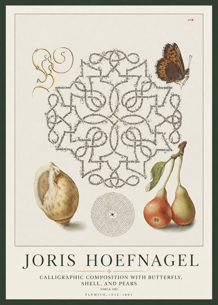 Joris Hoefnagel Calligraphic Composition with Butterfly, Shell, and Pears No1 - Affiche