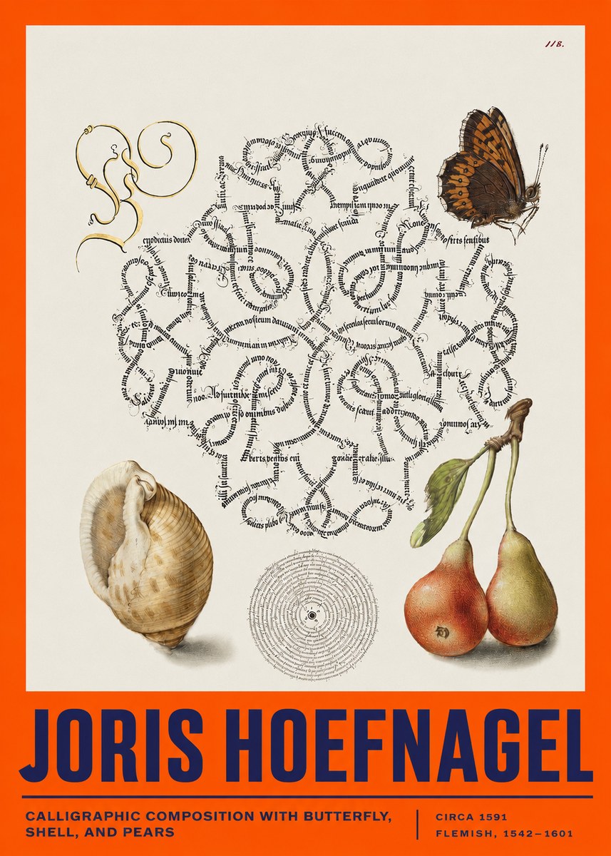 Joris Hoefnagel Calligraphic Composition with Butterfly, Shell, and Pears No2 - Affiche