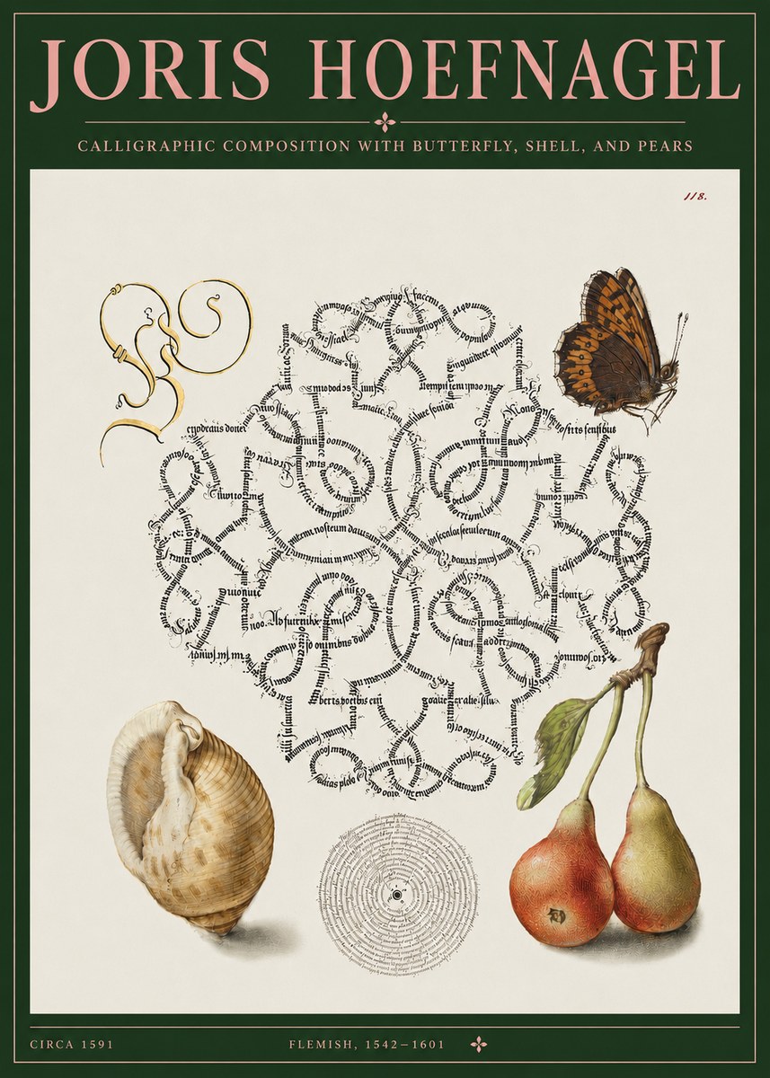 Joris Hoefnagel Calligraphic Composition with Butterfly, Shell, and Pears No3 - Affiche