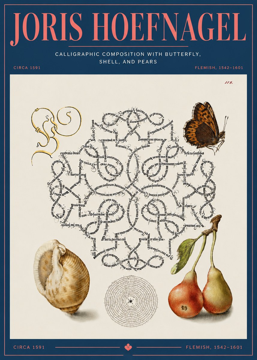 Joris Hoefnagel Calligraphic Composition with Butterfly, Shell, and Pears No4 - Affiche