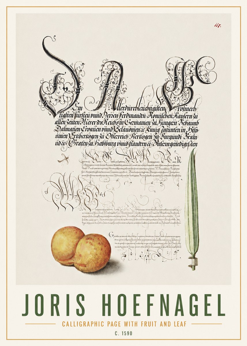Joris Hoefnagel Calligraphic Page with Fruit and Leaf No4 - Affiche