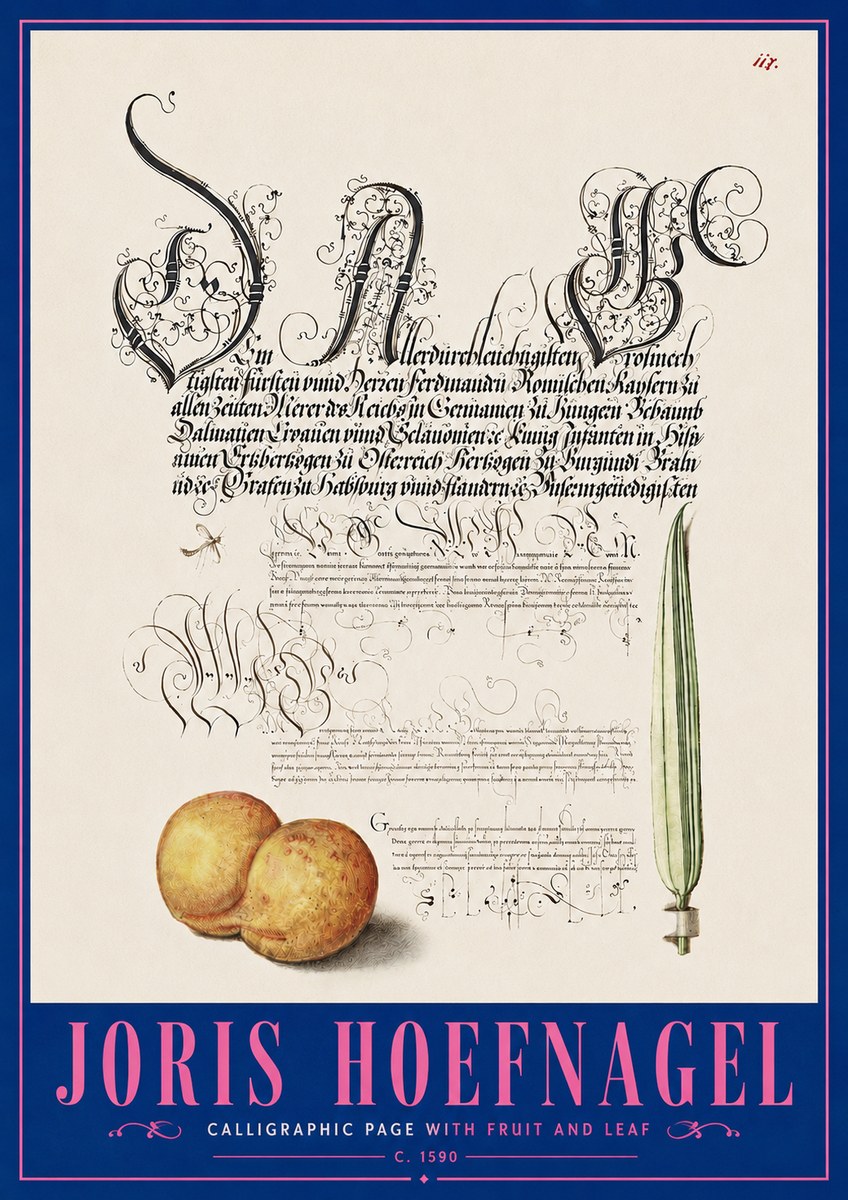 Joris Hoefnagel Calligraphic Page with Fruit and Leaf No5 - Affiche