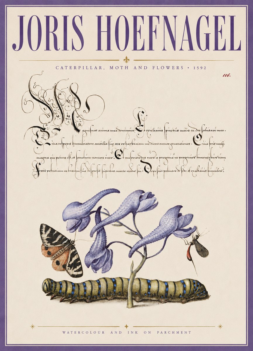 Joris Hoefnagel Caterpillar, Moth and Flowers No3 - Affiche