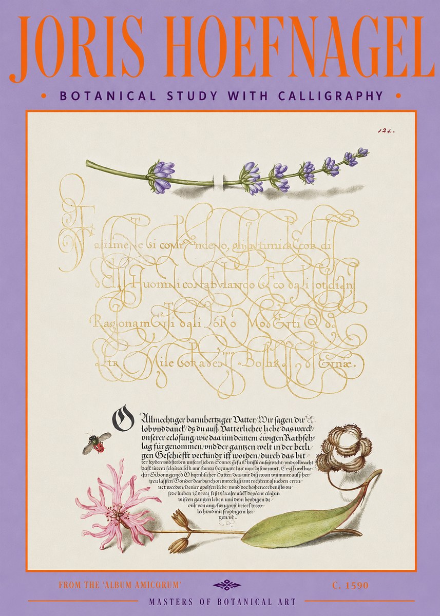 Joris Hoefnagel Botanical Study with Calligraphy IV No3 - Affiche