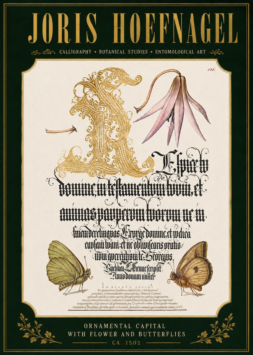Joris Hoefnagel Ornamental Capital with Flower and Butterflies No4 - Affiche