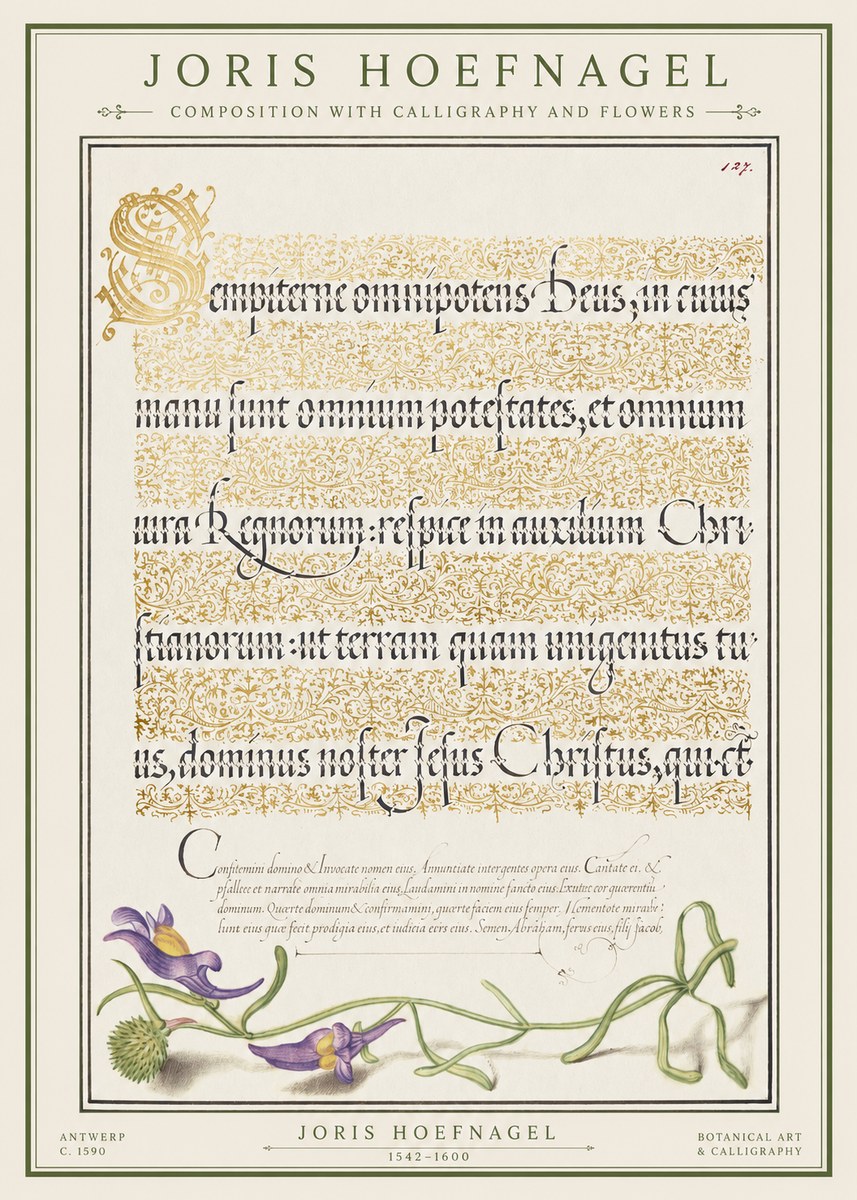 Joris Hoefnagel Composition with Calligraphy and Flowers No1 - Affiche