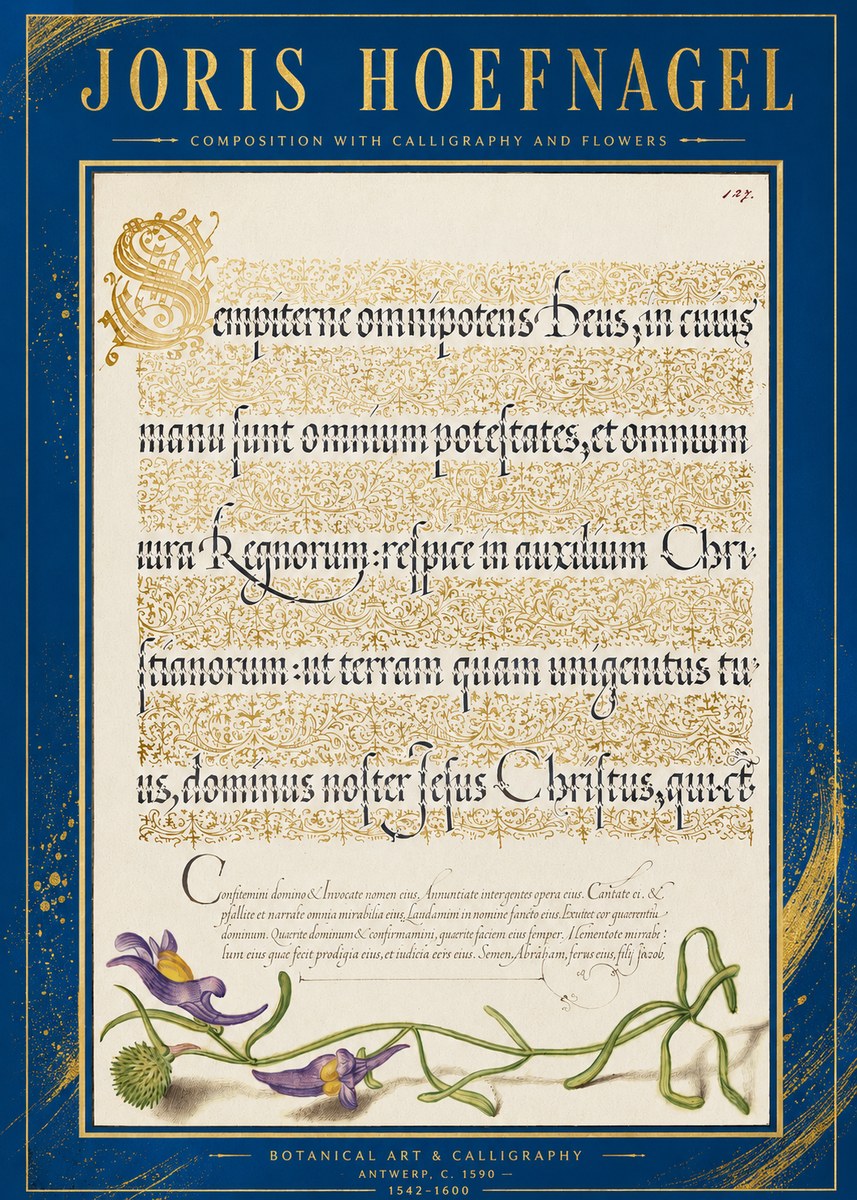 Joris Hoefnagel Composition with Calligraphy and Flowers No2 - Affiche