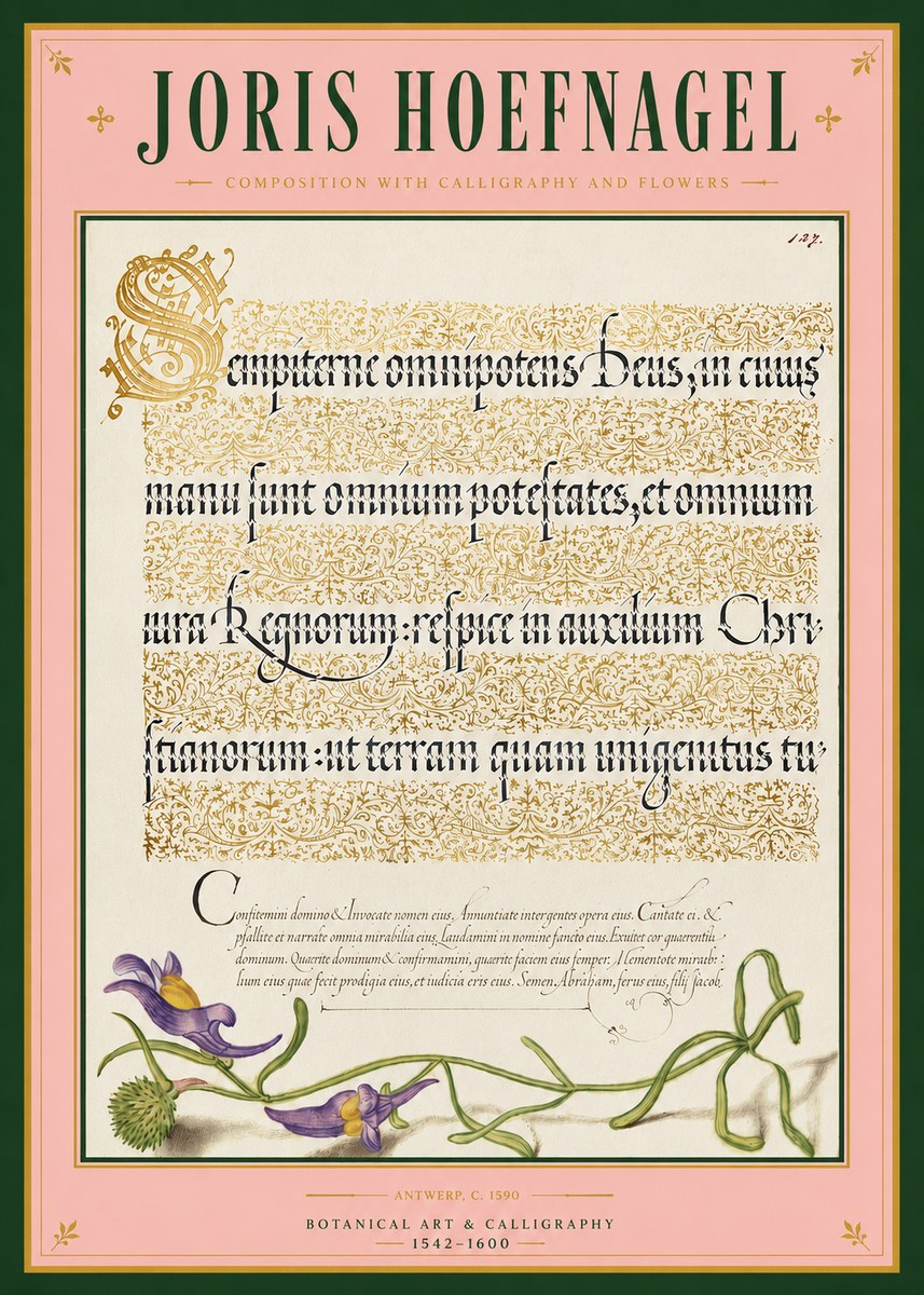 Joris Hoefnagel Composition with Calligraphy and Flowers No3 - Affiche