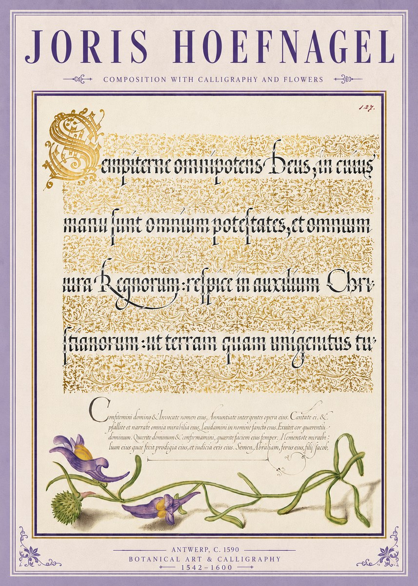 Joris Hoefnagel Composition with Calligraphy and Flowers No4 - Affiche