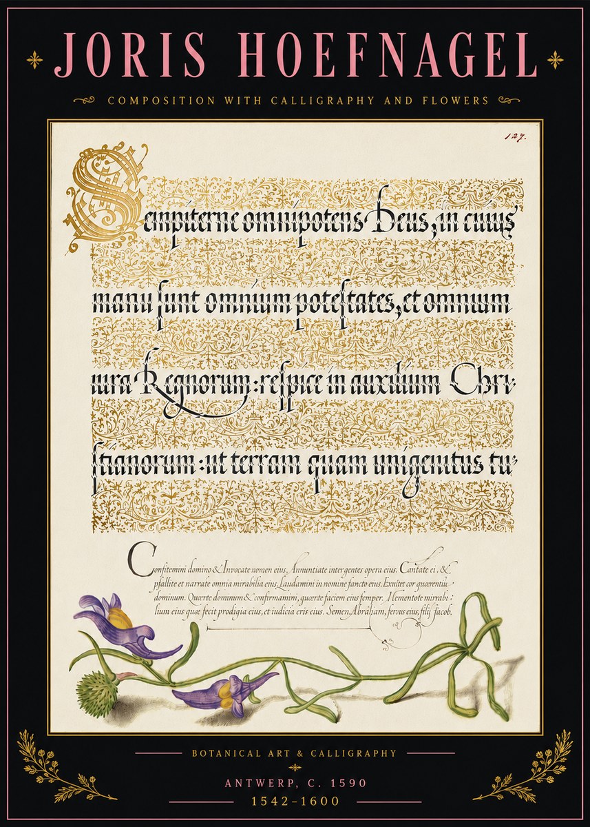 Joris Hoefnagel Composition with Calligraphy and Flowers No5 - Affiche