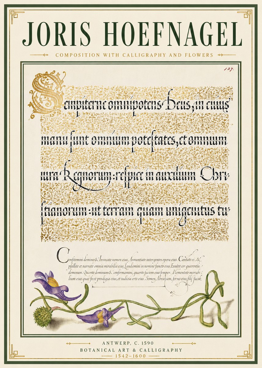 Joris Hoefnagel Composition with Calligraphy and Flowers No6 - Affiche