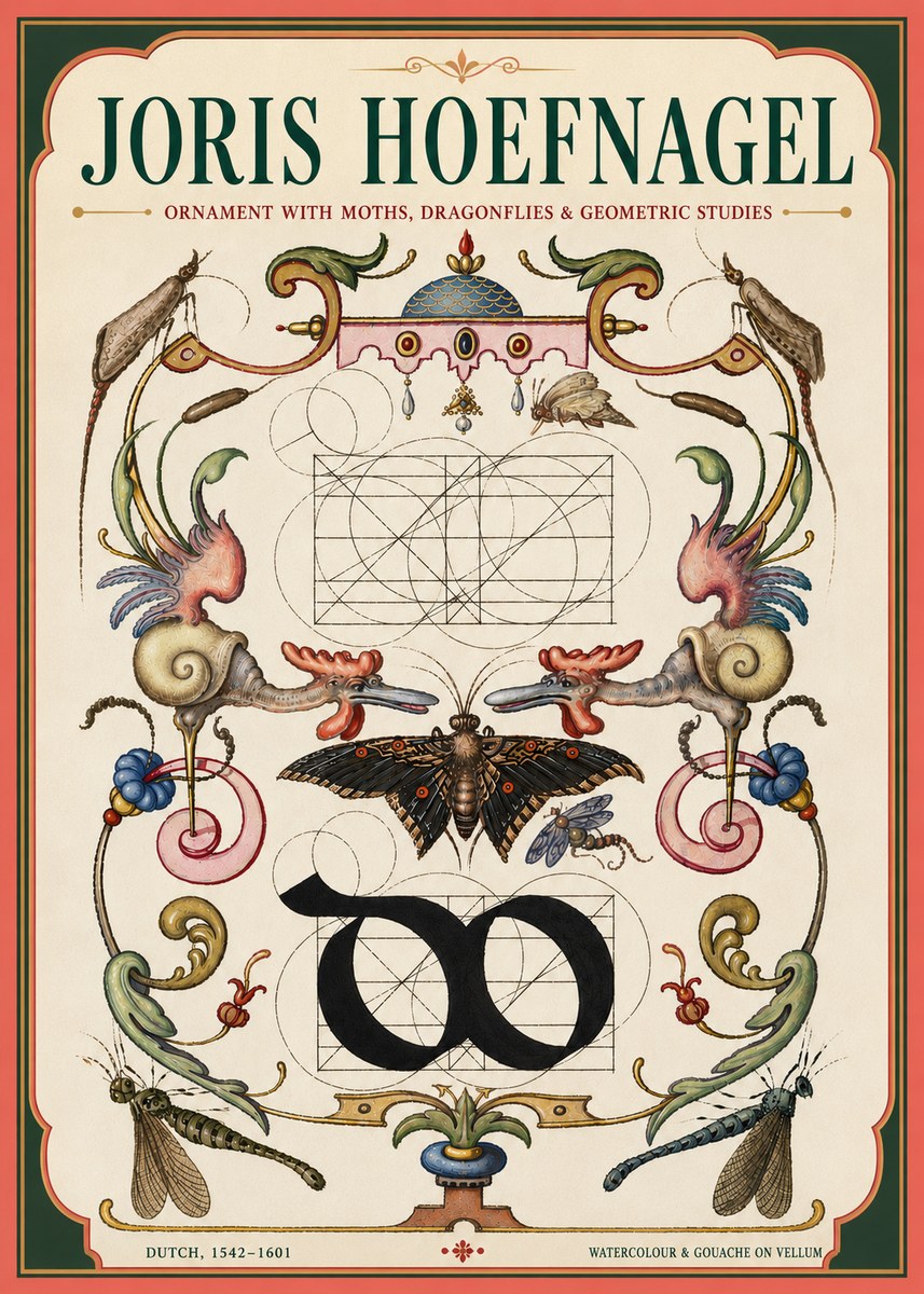 Joris Hoefnagel Ornament with Moths, Dragonflies & Geometric Studies No4 - Affiche
