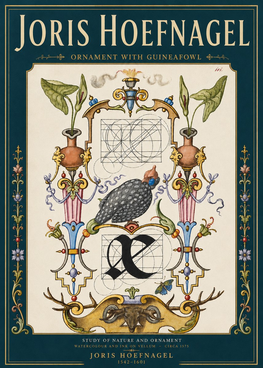 Joris Hoefnagel Ornament with Guineafowl No4 - Affiche