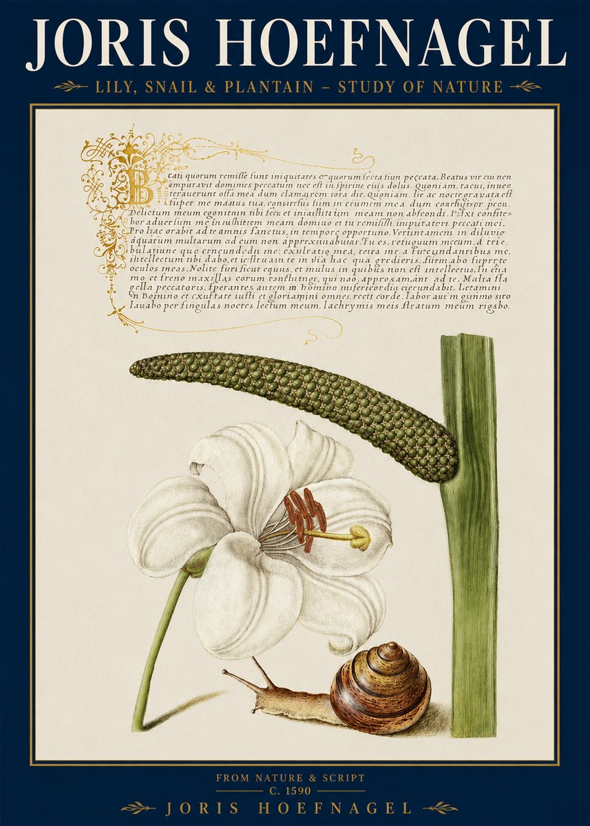 Joris Hoefnagel Lily, Snail & Plantain - Study of Nature No3 - Affiche