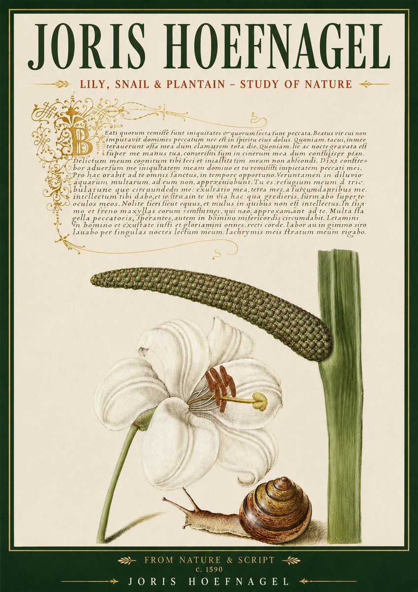 Joris Hoefnagel Lily, Snail & Plantain - Study of Nature No5 - Affiche