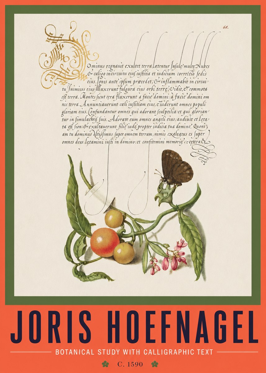 Joris Hoefnagel Botanical Study with Calligraphic Text No2 - Affiche