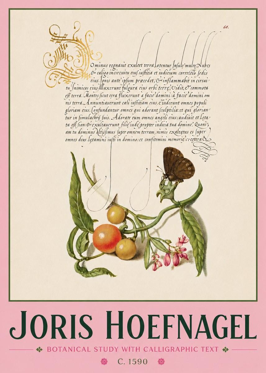 Joris Hoefnagel Botanical Study with Calligraphic Text No4 - Affiche
