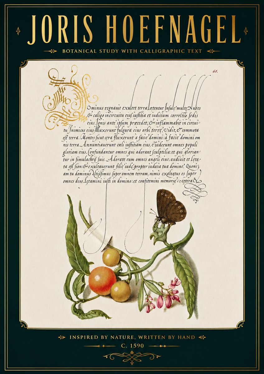 Joris Hoefnagel Botanical Study with Calligraphic Text No5 - Affiche