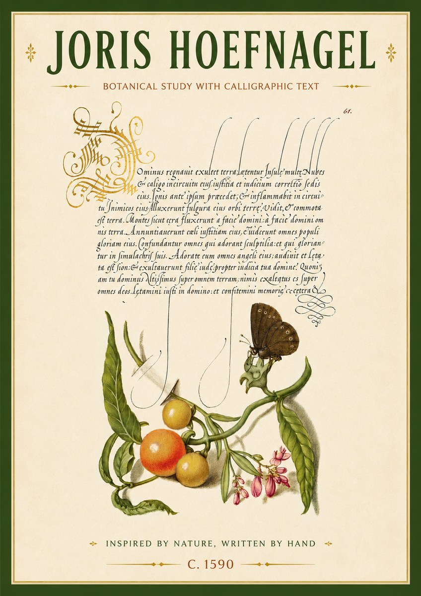 Joris Hoefnagel Botanical Study with Calligraphic Text No6 - Affiche