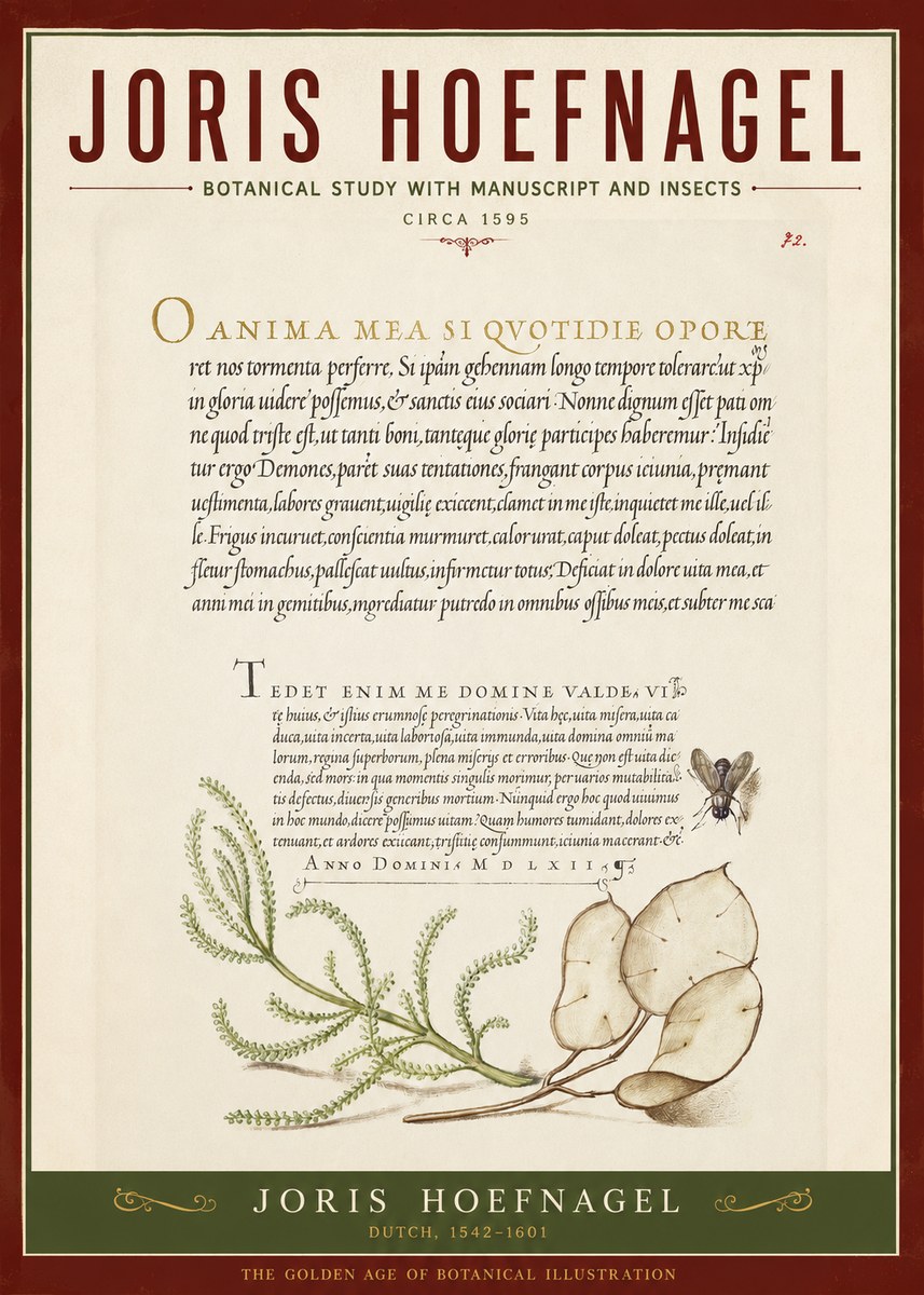Joris Hoefnagel Botanical Study with Manuscript and Insects No2 - Affiche