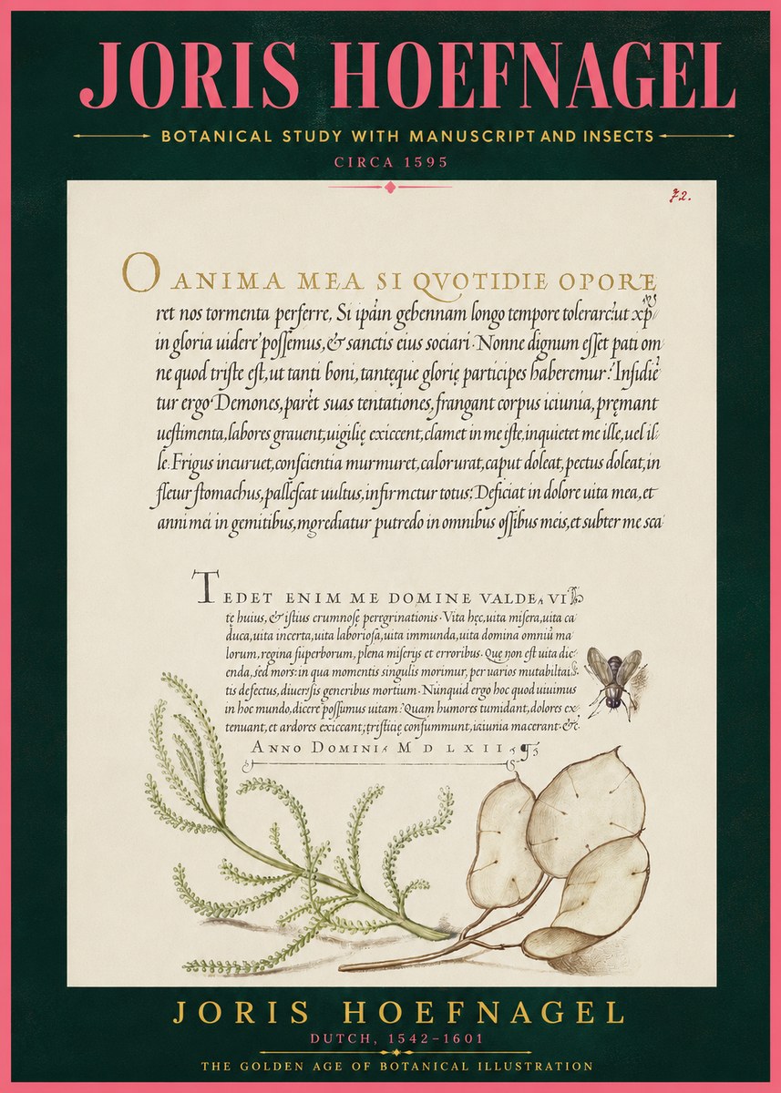 Joris Hoefnagel Botanical Study with Manuscript and Insects No4 - Affiche
