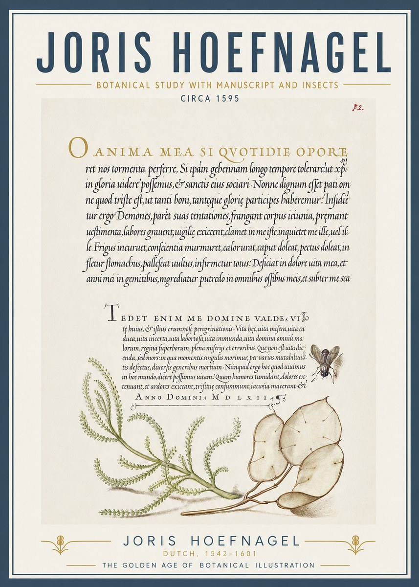 Joris Hoefnagel Botanical Study with Manuscript and Insects No5 - Affiche