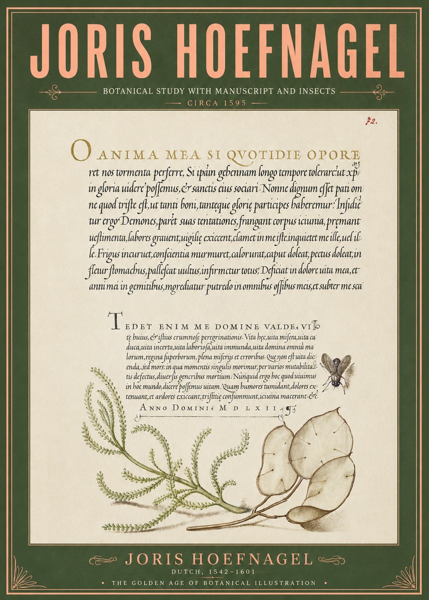 Joris Hoefnagel Botanical Study with Manuscript and Insects No6 - Affiche
