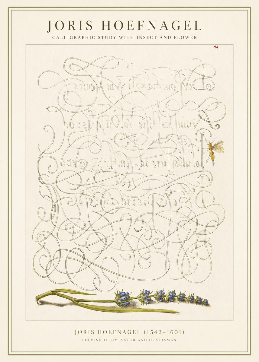 Joris Hoefnagel Calligraphic Study with Insect and Flower No1 - Affiche