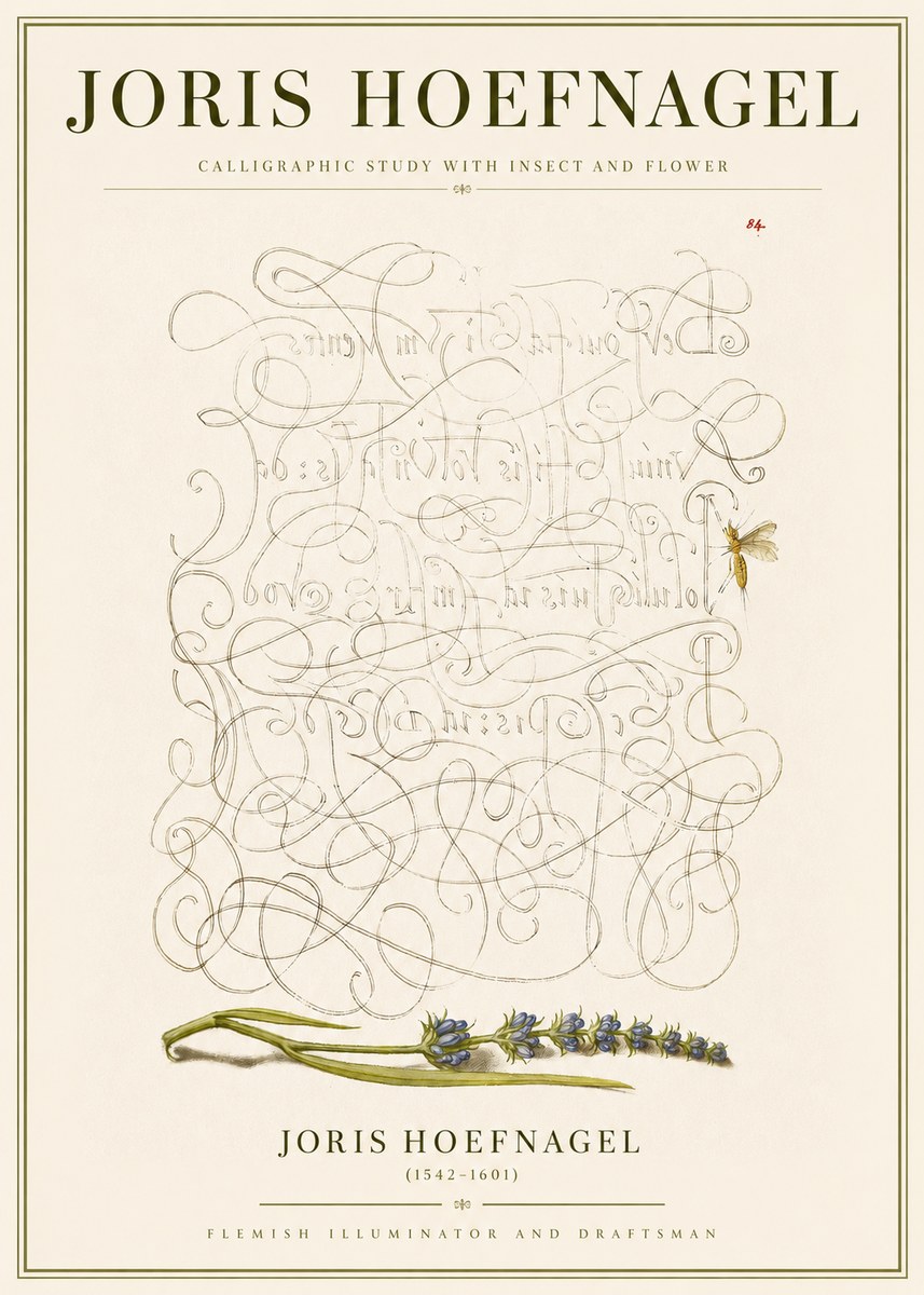 Joris Hoefnagel Calligraphic Study with Insect and Flower No3 - Affiche