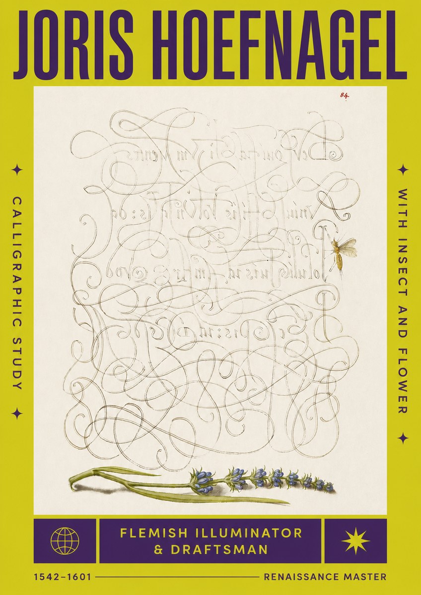 Joris Hoefnagel Calligraphic Study with Insect and Flower No4 - Affiche