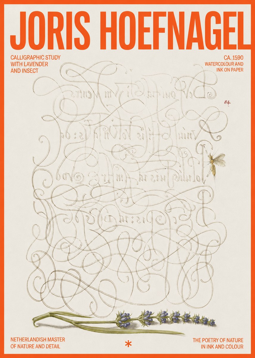 Joris Hoefnagel Calligraphic Study with Insect and Flower No6 - Affiche