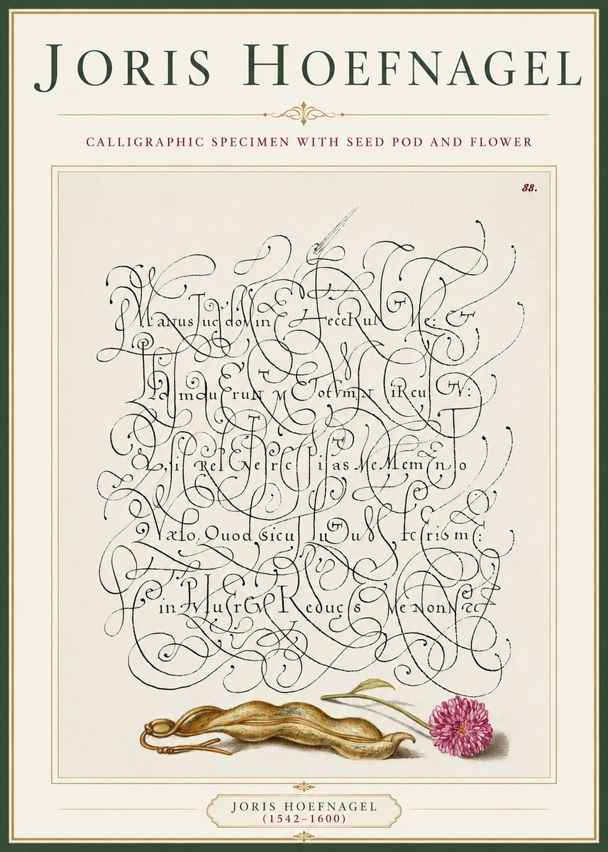 Joris Hoefnagel Calligraphic Specimen with Seed Pod and Flower No3 - Affiche