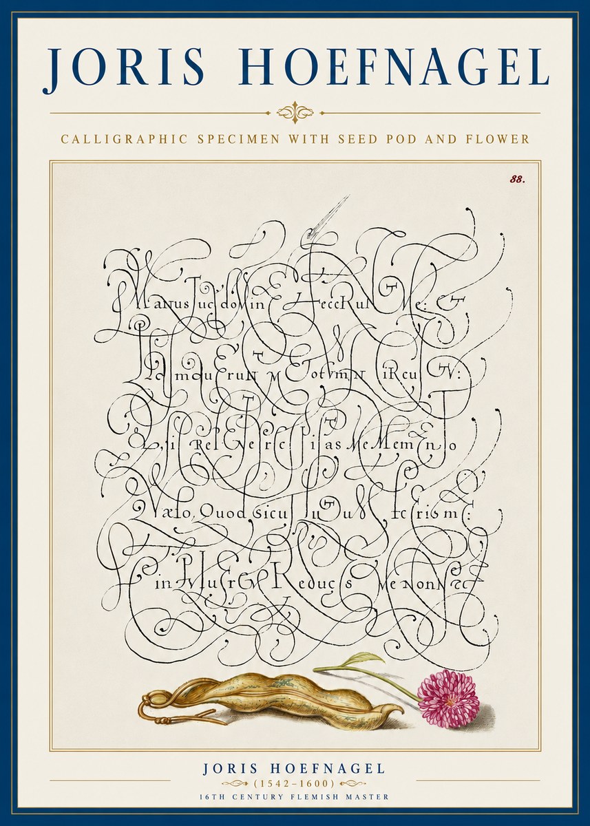 Joris Hoefnagel Calligraphic Specimen with Seed Pod and Flower No5 - Affiche