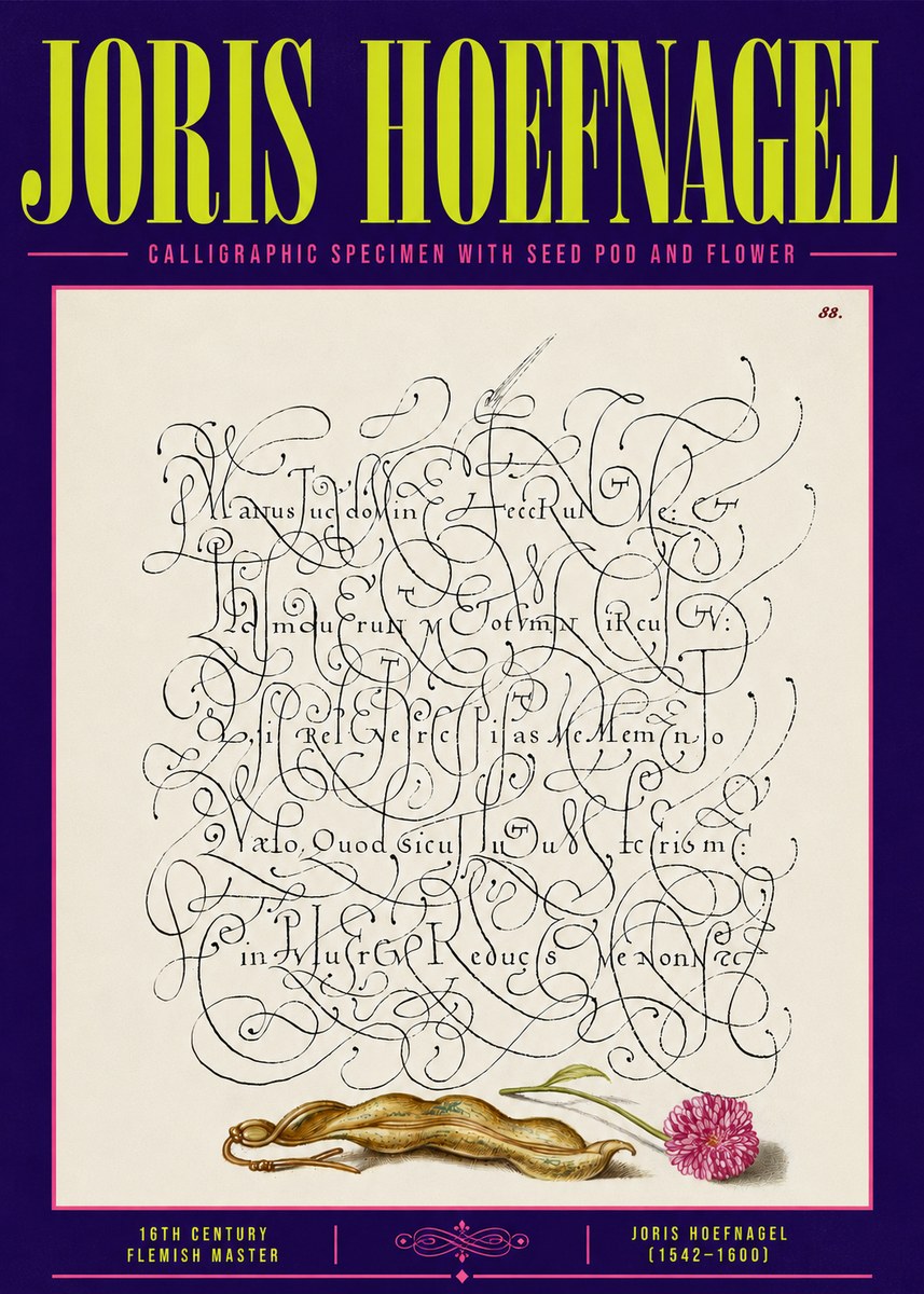 Joris Hoefnagel Calligraphic Specimen with Seed Pod and Flower No6 - Affiche