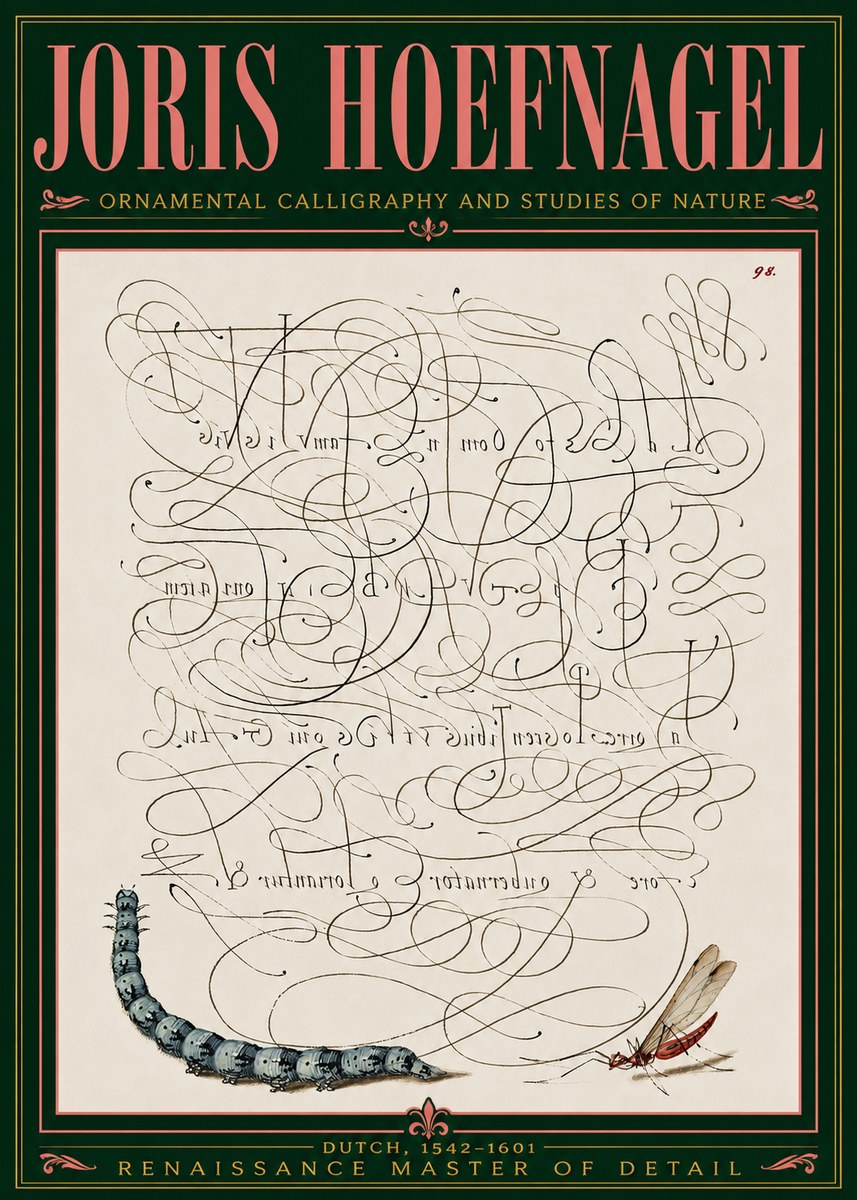 Joris Hoefnagel Ornamental Calligraphy and Studies of Nature No5 - Affiche