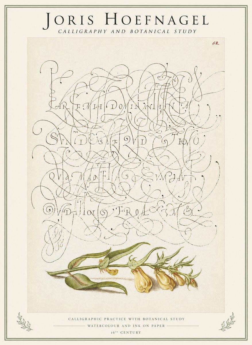 Joris Hoefnagel Calligraphic Practice with Botanical Study No1 - Affiche