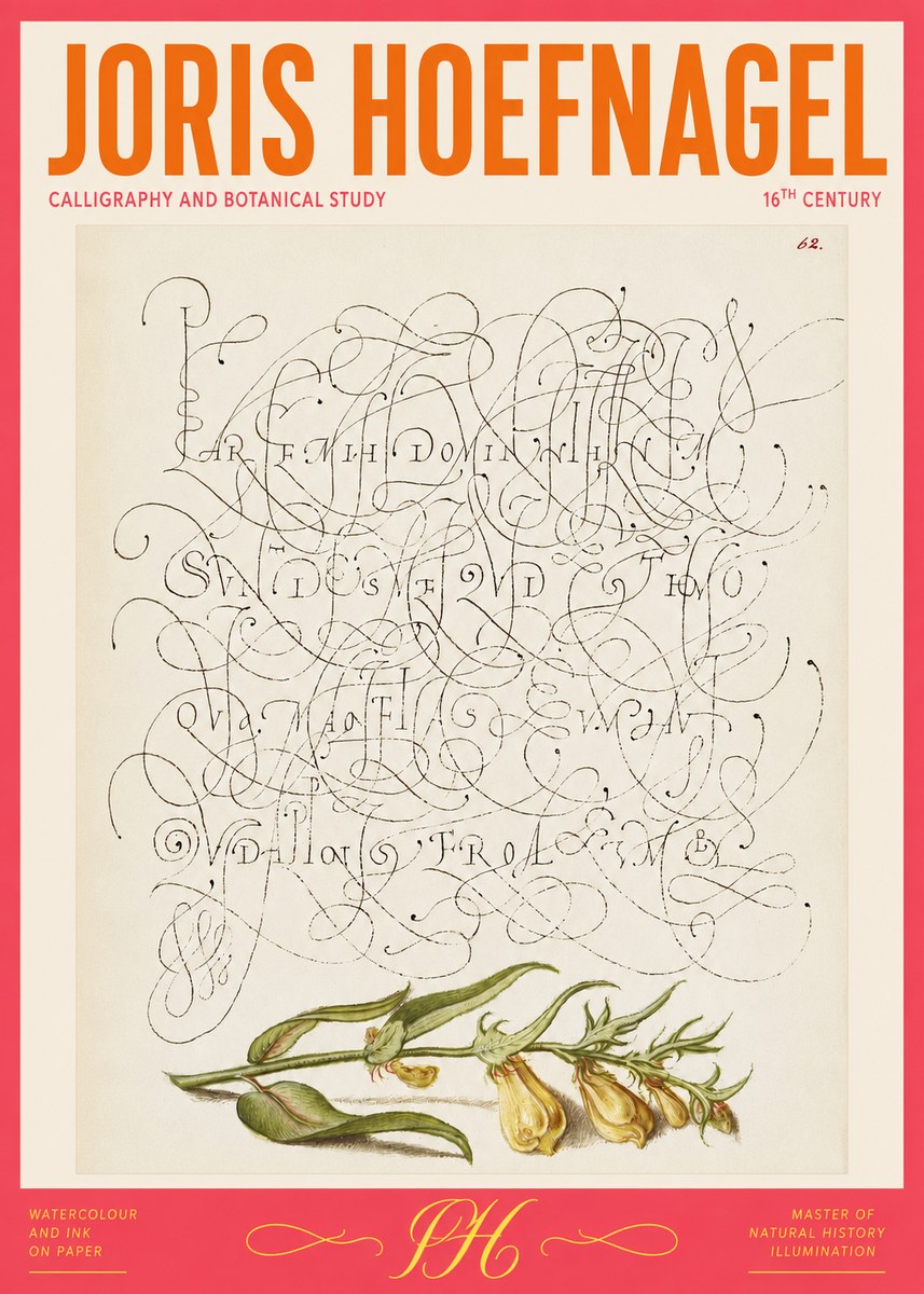 Joris Hoefnagel Calligraphic Practice with Botanical Study No2 - Affiche