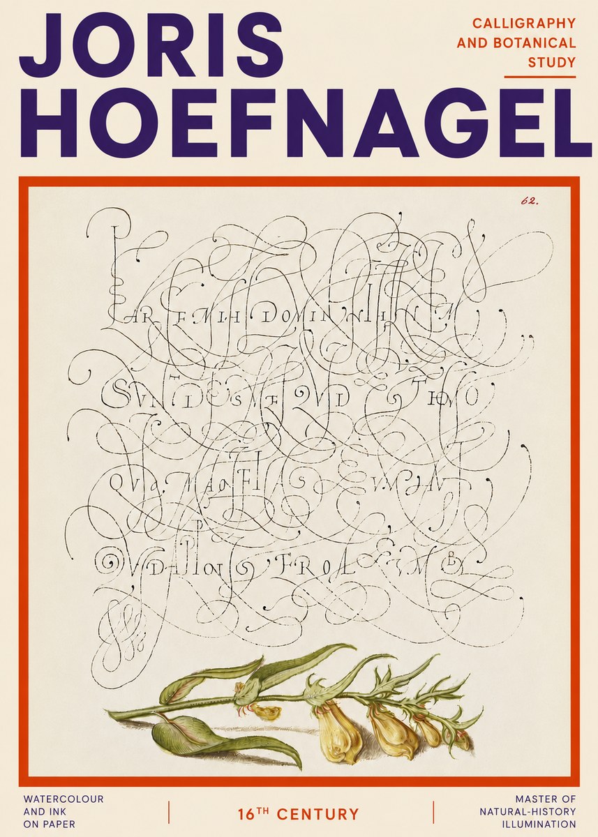 Joris Hoefnagel Calligraphic Practice with Botanical Study No4 - Affiche