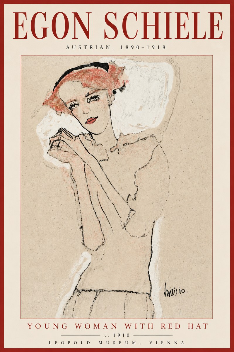 Schiele Young Woman with Red Hat No2 - Affiche
