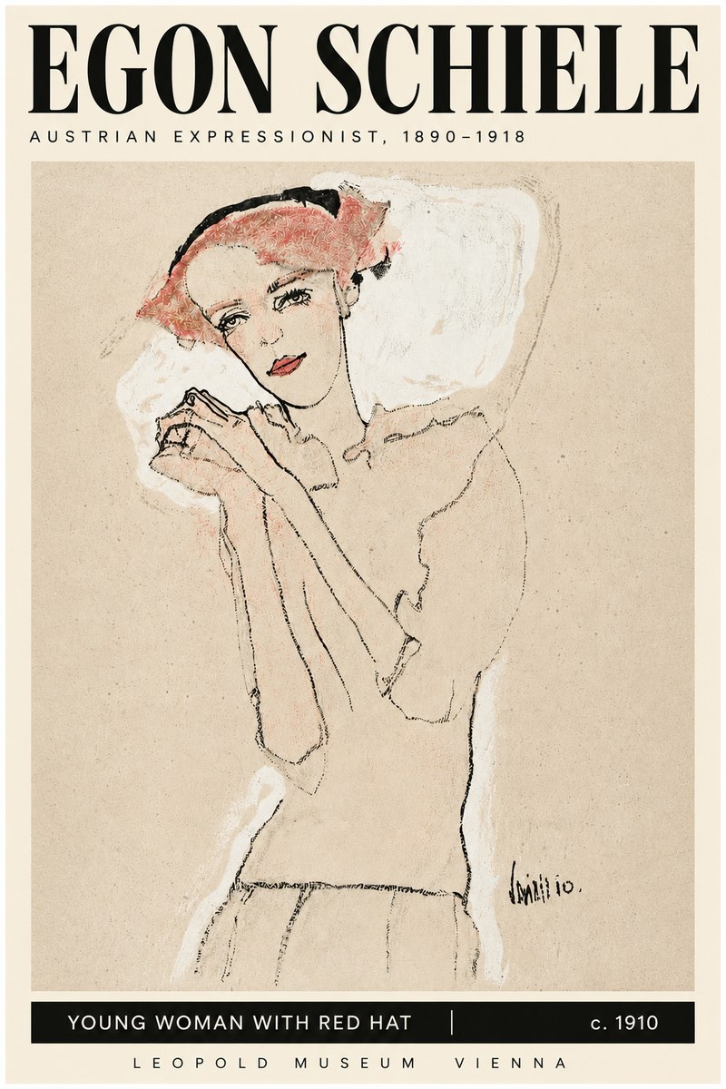Schiele Young Woman with Red Hat No3 - Affiche